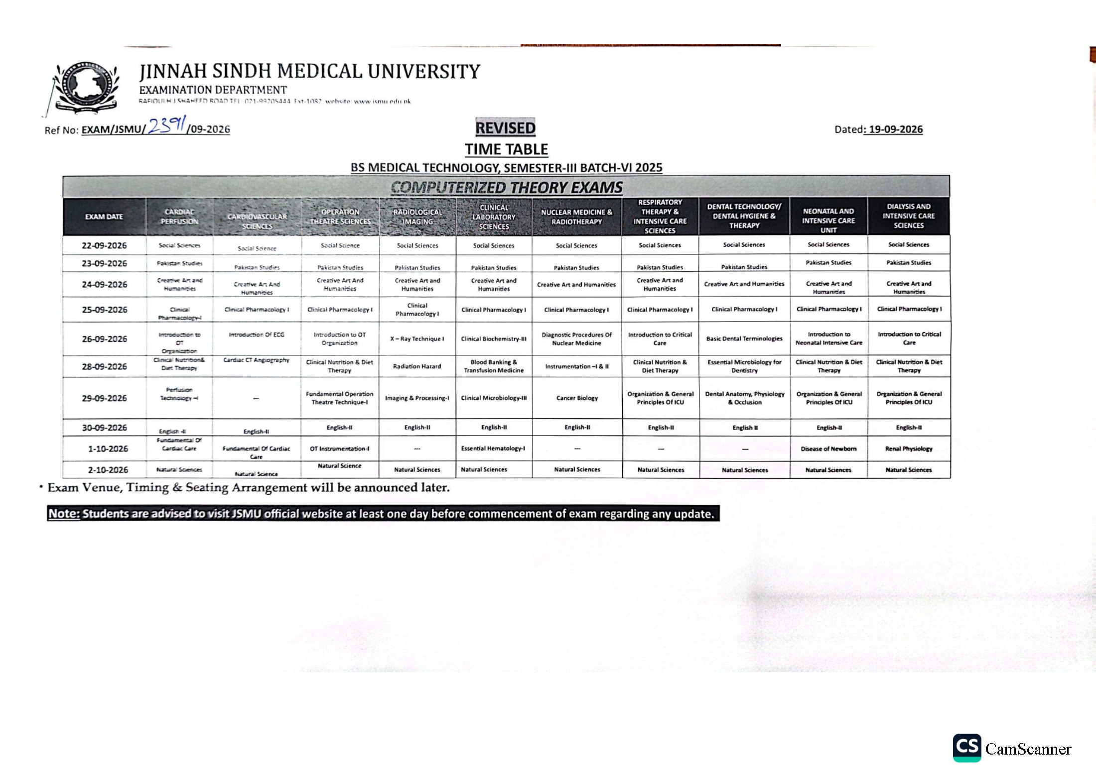 JSMU Updated Time Table 2026 Announced JSMU Updated Time Table 2026 Announced